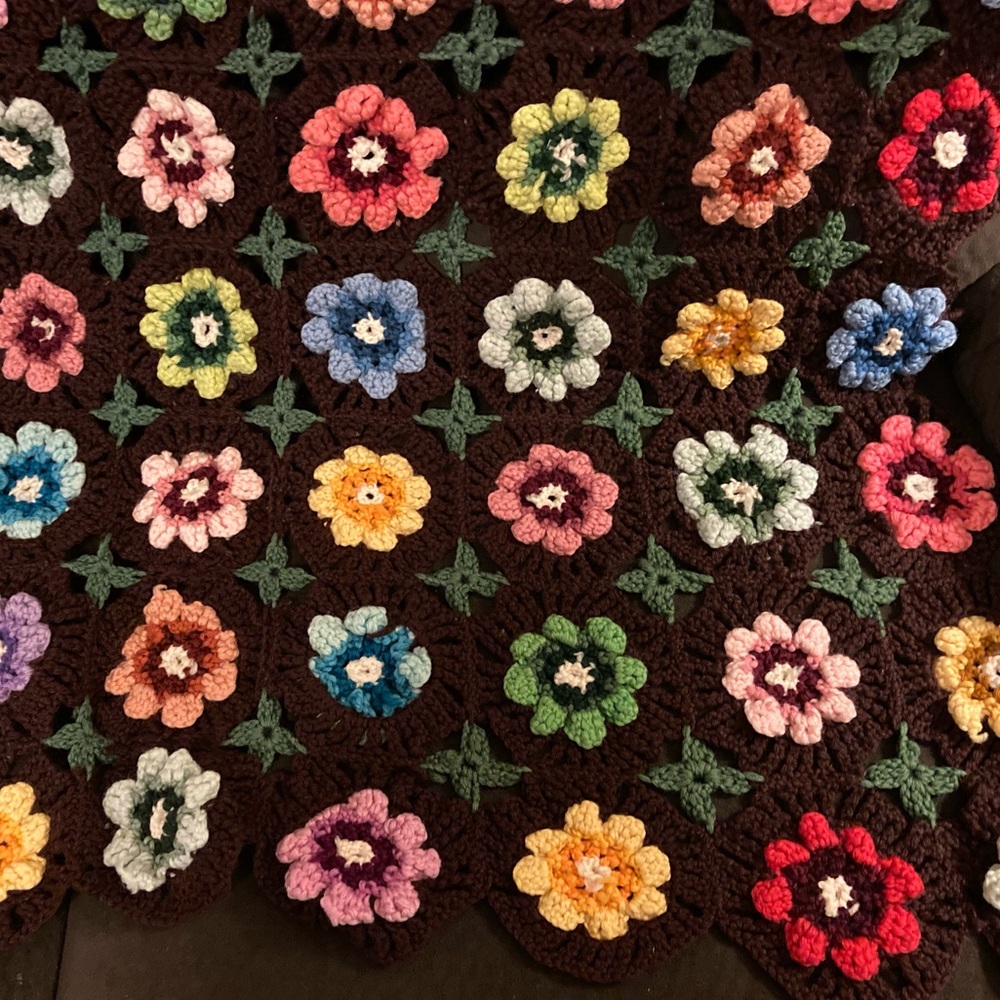 Handmade 1970s Vintage 3D Floral Afghan